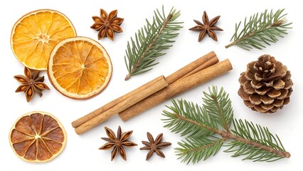 Festive christmas composition with dried oranges cinnamon sticks and pine branches