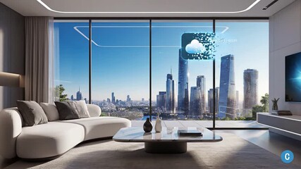 Modern Interior with a City Skyline: A contemporary living room with a panoramic view of a bustling city skyline, featuring smart technology integrated into the living space.