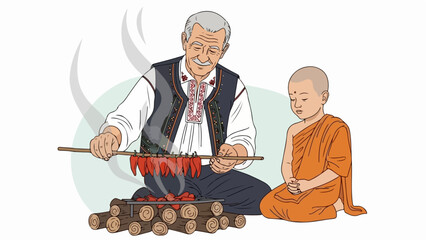 Monk with man grilling food over open fire displays intergenerational bonding. Enjoy intergenerational time grilling on firewood and charcoal, fostering learning from the past and present.