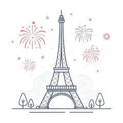A minimal Eiffel Tower design accented with small abstract fireworks creating a festive modern visual highlighting