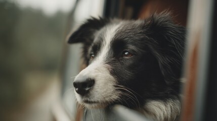 Fototapeta premium Close-up of a dog's face. the dog appears to be a border collie, with black and white fur. its eyes are dark and alert, and its nose is slightly upturned.