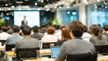Office workers engage in a learning session in a modern Japanese workspace