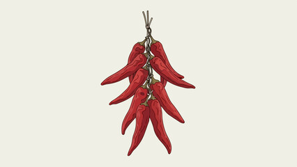 Hanging chili peppers, vibrant red, add spice and color to culinary creations. Hanging chili peppers offer visual appeal and intense flavor for cooking.