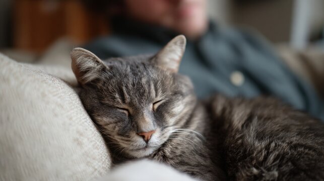 Close-up of a gray cat sleeping on a beige couch. the cat is lying on its side with its head resting on its front paws and its eyes closed. its fur is soft and fluffy, and its ears are perked up.