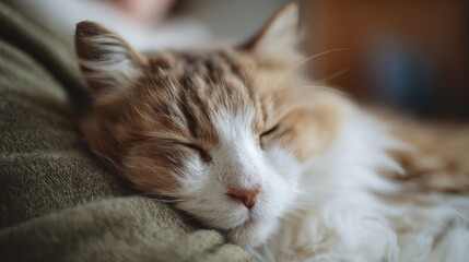 Close-up of a cat's face. the cat appears to be sleeping, with its eyes closed and its head resting on a green blanket. its fur is white and fluffy, and its ears are perked up.