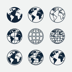 Globe Icon Set Vector &ndash; World Map Symbols, Earth Silhouettes, and Global Network Illustration Pack