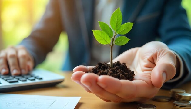 Business professional nurturing a young plant, symbolizing financial growth, sustainable investment, and future success