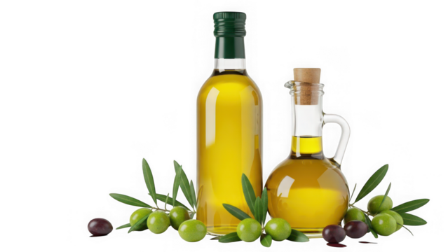 Two bottles of olive oil with fresh green olive fruit isolated on transparent background - Powered by Adobe