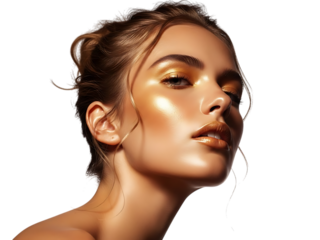 Closeup portrait of a beautiful young woman with striking, dramatic golden metallic makeup highlighting her cheekbones, eyes, and lips, isolated on transparent background
