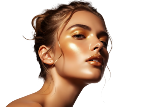 Closeup portrait of a beautiful young woman with striking, dramatic golden metallic makeup highlighting her cheekbones, eyes, and lips, isolated on transparent background