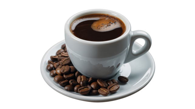 Freshly brewed coffee in a pristine white cup with fragrant coffee beans for a rich aroma