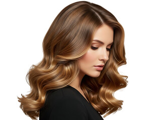 Obraz premium Beautiful young woman with voluminous, shiny, healthy brown hair styled in glamorous hollywood waves, isolated on transparent background, perfect for hair care or beauty advertisement
