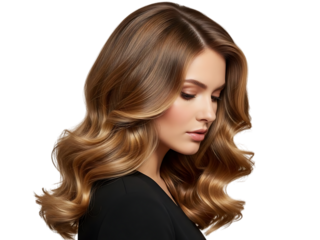 Beautiful young woman with voluminous, shiny, healthy brown hair styled in glamorous hollywood waves, isolated on transparent background, perfect for hair care or beauty advertisement