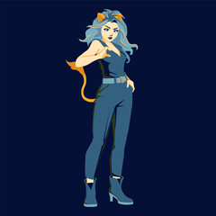 A cute girl with lion ears and tail. Leo zodiac sign. Vector illustration.