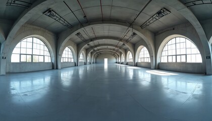 Full 360 degree panoramic view of large empty concrete hall. Many arched windows allow bright natural light inside. Vast modern space features clean, reflective floor, strong industrial architectural