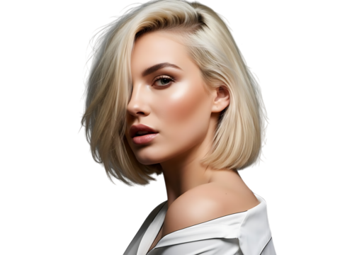 Portrait of a beautiful young woman with stylish short blonde bob haircut and professional makeup looking directly at the camera, isolated on transparent background