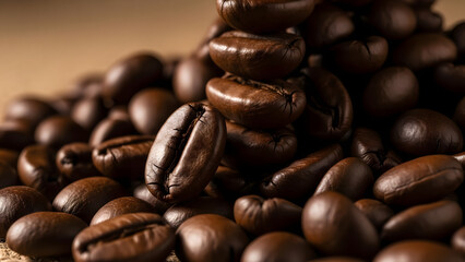 Obraz premium Close-up shot of roasted coffee beans, capturing detail and texture, ideal for beverage concepts