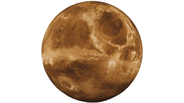 Dramatic view of planet Venus with detailed surface features and swirling cloud patterns in deep space