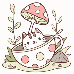 A Funny American Shorthair with in a teacup in a Fairy forest theme – Whimsy Woods palette SVG illustration
