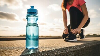 Hydration and preparation for outdoor fitness routine with a woman tying her shoelaces and water bottle beside her