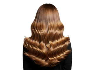 Fototapeta premium Rear view of a woman with long, voluminous, shiny, wavy, brown hair cascading down her back, isolated on transparent background