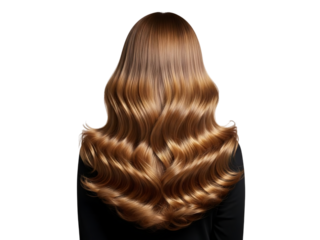 Rear view of a woman with long, voluminous, shiny, wavy, brown hair cascading down her back, isolated on transparent background