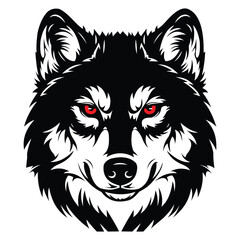 Fierce black and white wolf head illustration with striking red eyes, isolated on for graphic design projects vector illustration