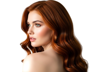 Beautiful young woman with long, wavy, rich auburn or copper red hair, looking over her shoulder with soft makeup, isolated on transparent background