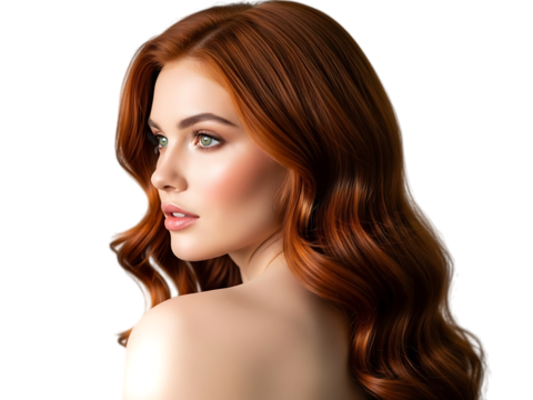 Beautiful young woman with long, wavy, rich auburn or copper red hair, looking over her shoulder with soft makeup, isolated on transparent background - Powered by Adobe