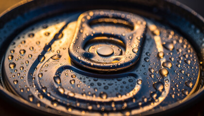 Close up of a Cold Beverage Can with Water Droplets Reflecting Warm Light