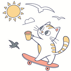 An adorable American Shorthair with a Mischievous vibe, riding a skateboard, and a Sunny Mornings Morning sunshine theme – SVG style