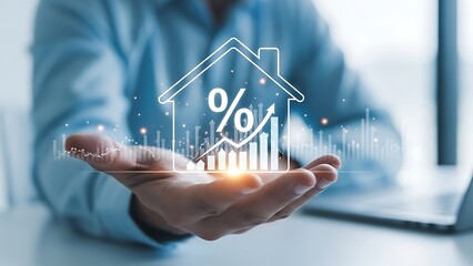 Hand holding house icon with percentage and rising bar graph
