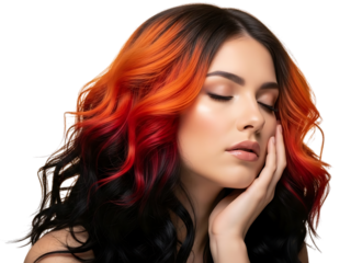 Beautiful young woman with vibrant twotone hair color featuring bright orange and deep red highlights blending into dark black hair, posing with eyes closed and hand gently touching her face, isolated