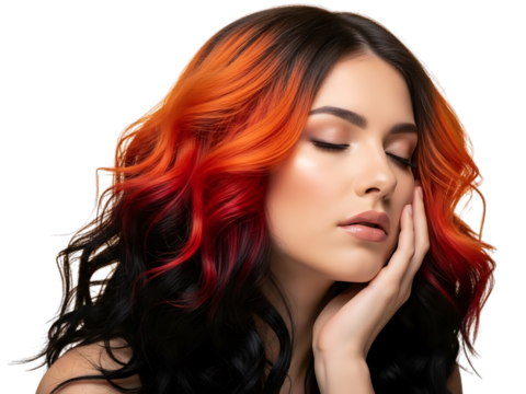 Beautiful young woman with vibrant twotone hair color featuring bright orange and deep red highlights blending into dark black hair, posing with eyes closed and hand gently touching her face, isolated