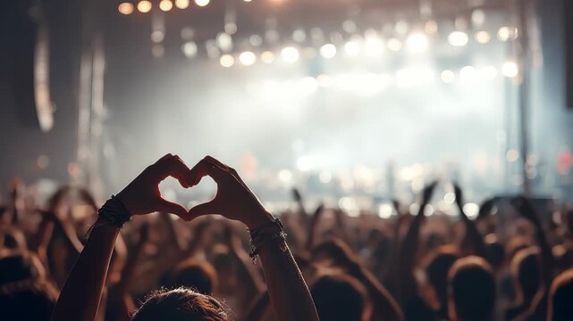 Excitement fills the air as concertgoers show their appreciation by forming hearts during a lively performance at an outdoor venue