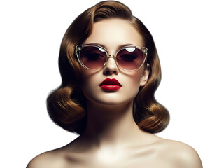Glamorous young woman with vintage wavy hairstyle wearing stylish cateye sunglasses with red lipstick isolated on transparent background