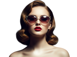 Glamorous young woman with vintage wavy hairstyle wearing stylish cateye sunglasses with red lipstick isolated on transparent background