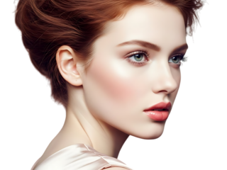 Closeup portrait of a young woman with fair skin, striking blue eyes, and auburn hair styled elegantly, featuring soft makeup and a subtle pink blush, isolated on transparent background