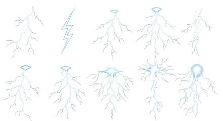 Collection of lightning bolt strikes isolated on transparent background