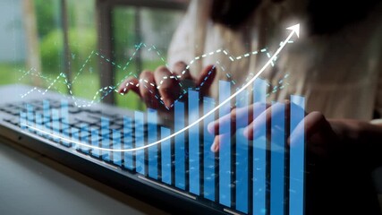 A creative composition showcasing a person working on a laptop with an overlaid graph representing business growth and data analysis in a modern office setting. Copula - Powered by Adobe