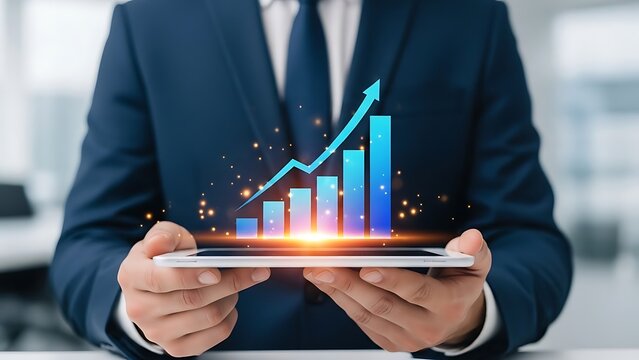 Businessman holding tablet showing upward trending bar graph