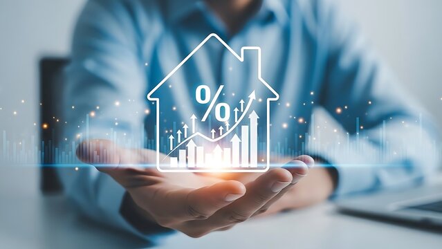 Businessman holding house icon with rising interest rate graph