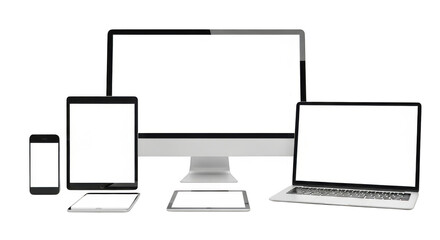 Modern digital devices displaying blank screens on a dark background