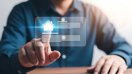 Man touching digital screen with house icon for real estate