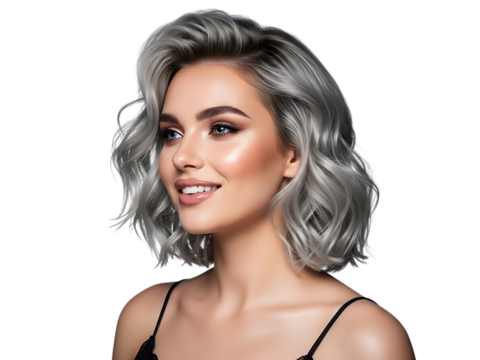 Beautiful young woman with stylish silver gray short wavy hair and professional makeup smiling, isolated on transparent background