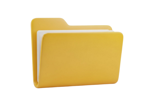 - 3D folder icon, smooth yellow matte finish, minimal design aesthetic, soft lighting, isolated on transparent PNG