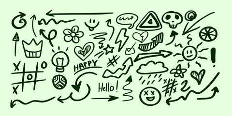 Playful hand-drawn doodle set with arrows, hearts, stars, smiley faces, symbols and abstract elements on a light background, perfect for creative, trendy, modern design projects.
