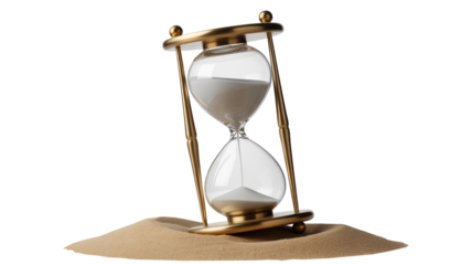 Golden hourglass resting on sand, symbolizing deadlines, time management, and project milestones ending