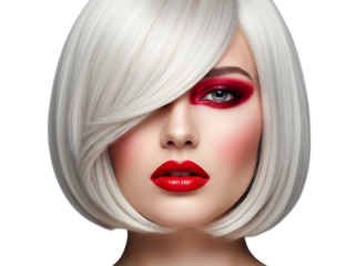 Closeup portrait of a beautiful young woman with a striking platinum blonde bob haircut, dramatic red smoky eye makeup, and bold red lipstick, isolated on transparent background