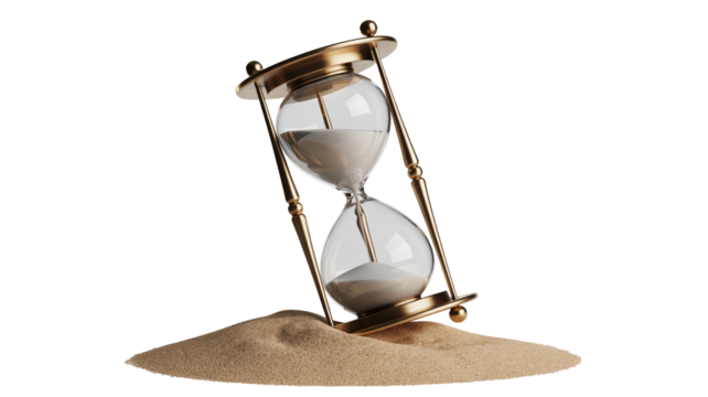 Golden hourglass resting in sand symbolizes time management, deadlines, and the passage of time concept